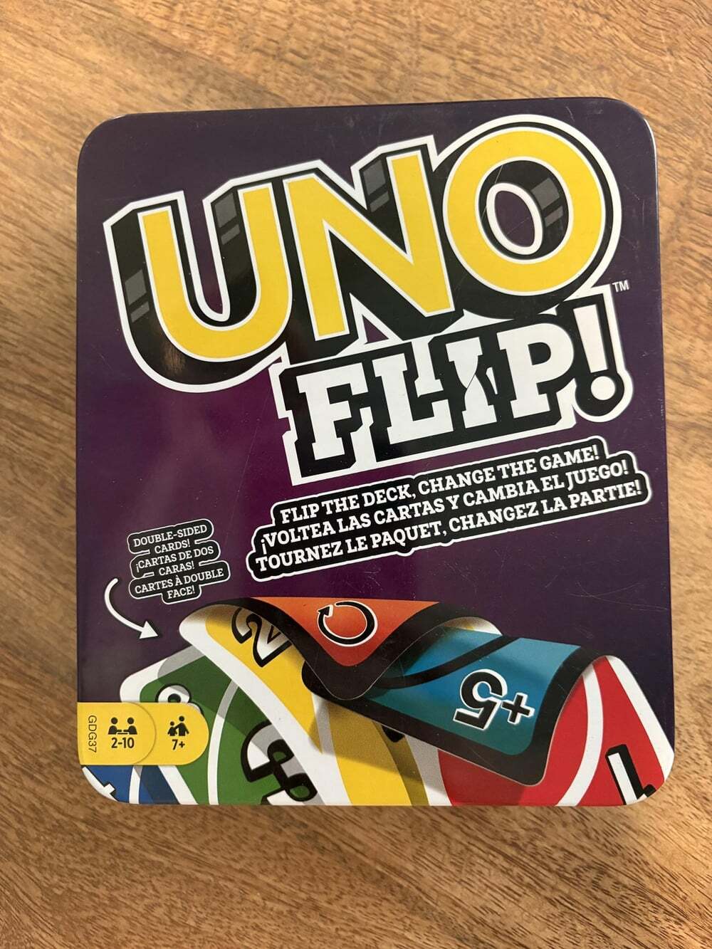 Mattel Games Uno Flip! Card Game Ages 7+ 2-10 Players 2018 Purple Tin Family